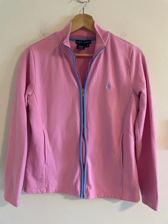 Ralph Lauren Logo Vintage Y2K Zip Up Sweatshirt Women Size Small Baby Pink Blue - Picture 1 of 6